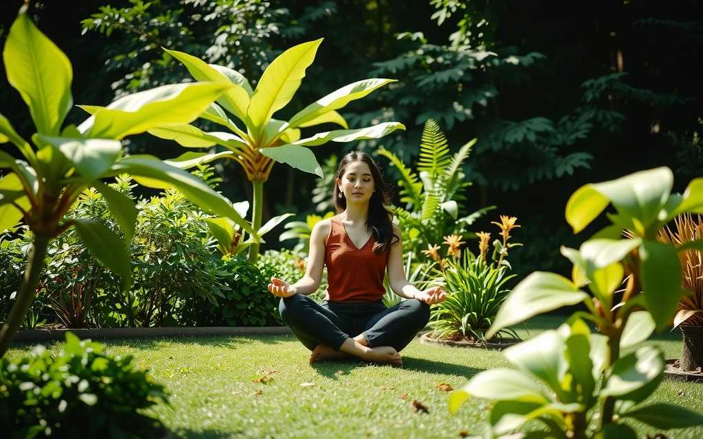 A serene image of a woman meditating in a lush green garden