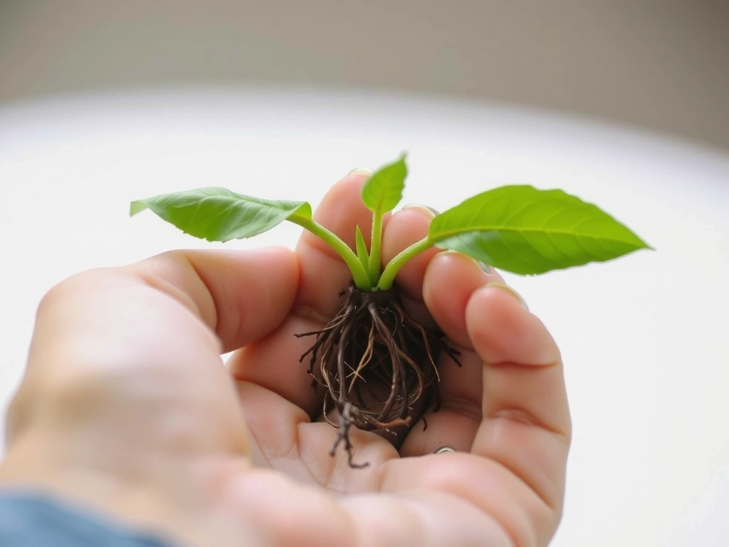 A hand holding a small, vibrant green plant with roots visible