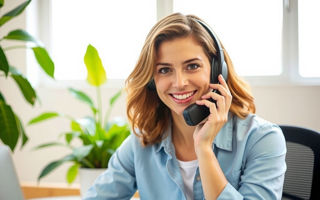 A friendly customer service representative smiling and holding a phone headset, in a bright, natural-themed office