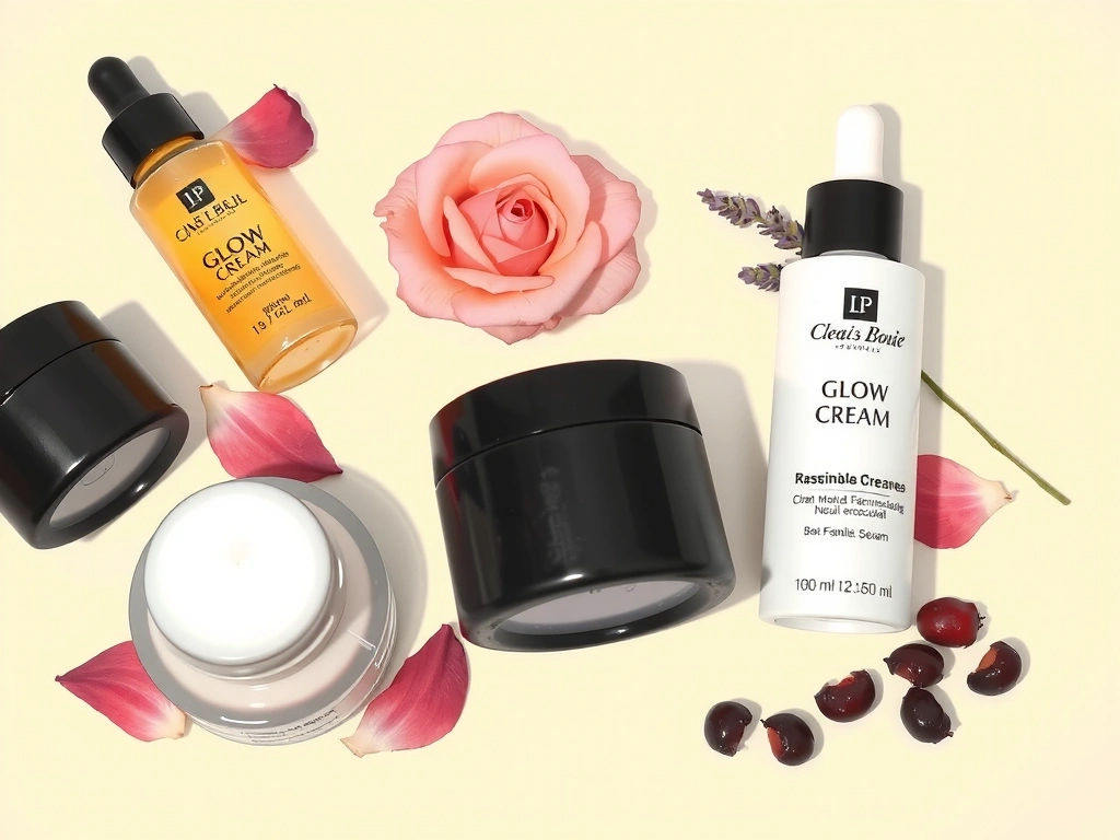 Collection of women's glow creams jars and natural floral ingredients