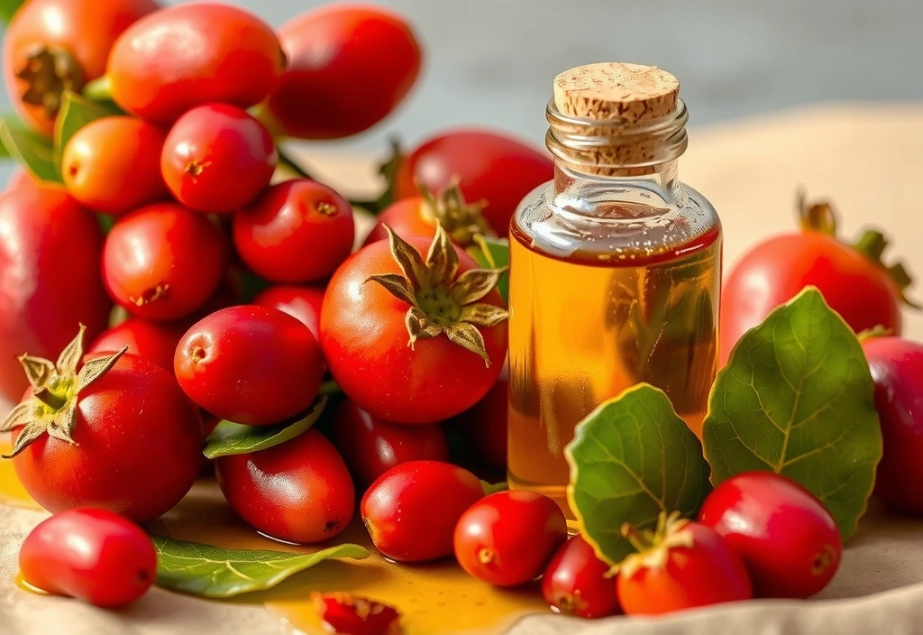Close-up of vibrant Rosehip berries and extracted oil