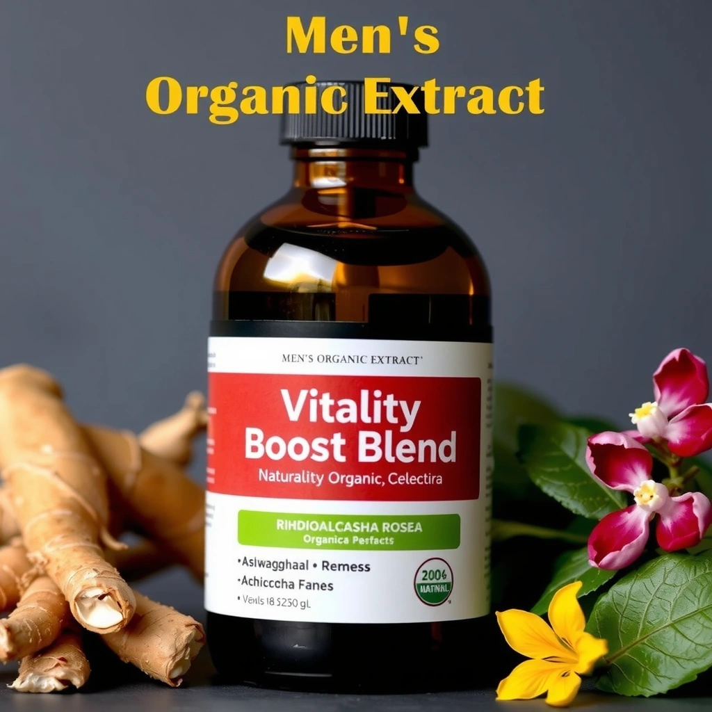 Vitality Boost Blend organic extract bottle with botanical elements