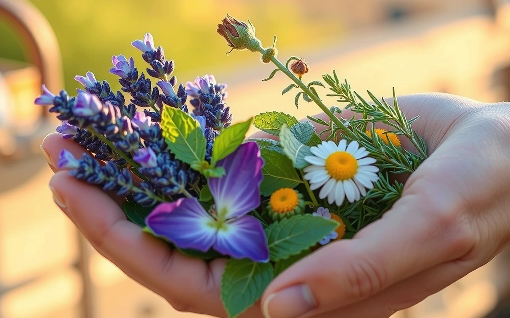 A hand gently holding a variety of vibrant, fresh organic herbs and flowers, symbolizing natural purity and wellness