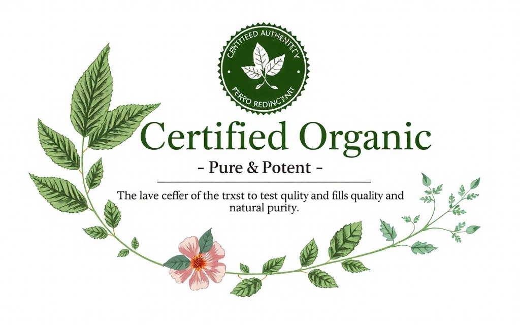 A certificate of authenticity or quality seal with botanical elements, symbolizing trust and purity.