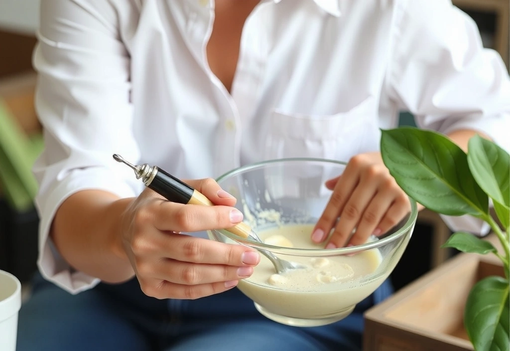 A close-up of a person's hands mixing natural ingredients in a glass bowl, suggesting artisanal product creation