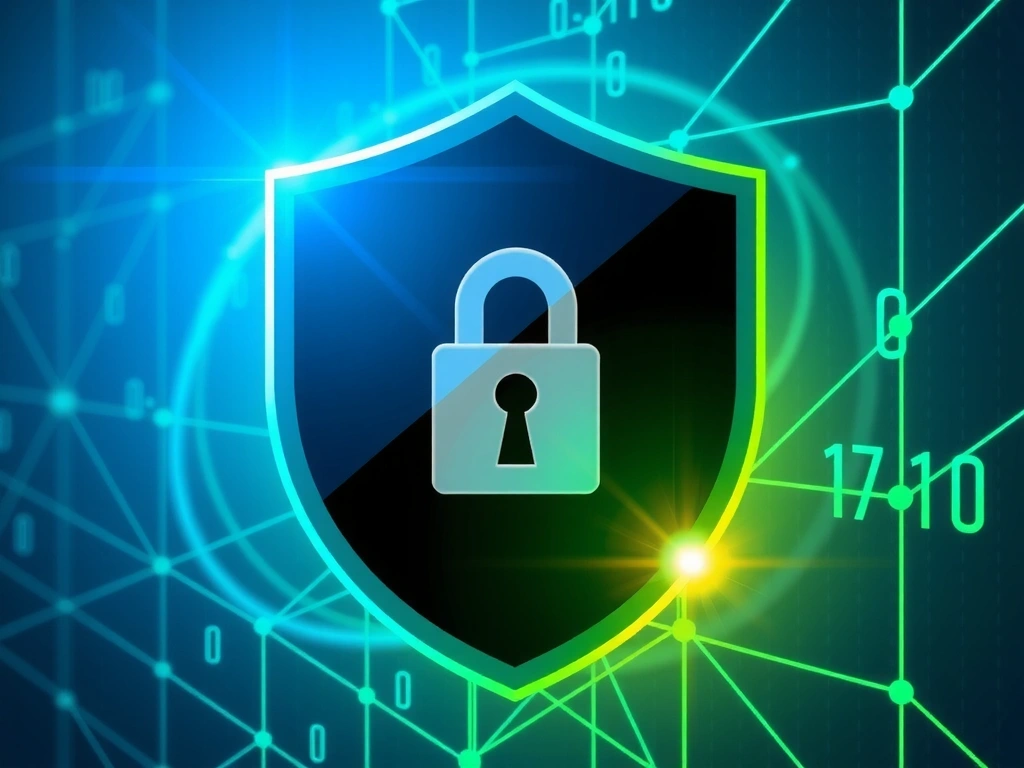 A digital shield icon prominently displayed with encryption symbols and padlock elements, representing robust data security measures.