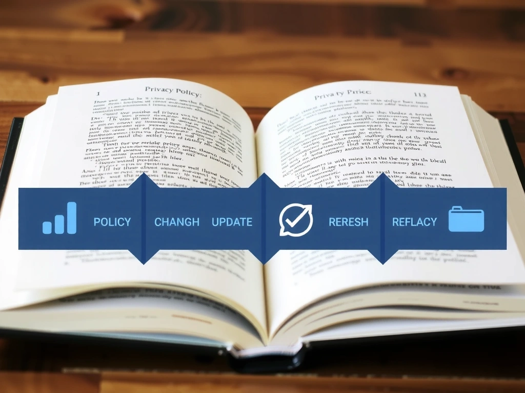 An open book with pages turning, overlaid with a digital timeline and update icons, symbolizing policy changes and revisions.