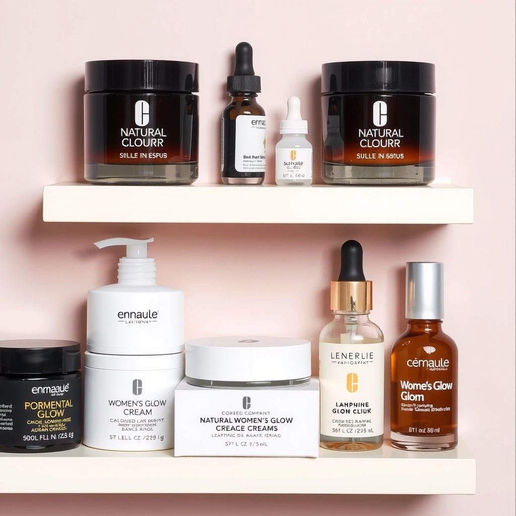 Shelf display of various women's organic glow creams